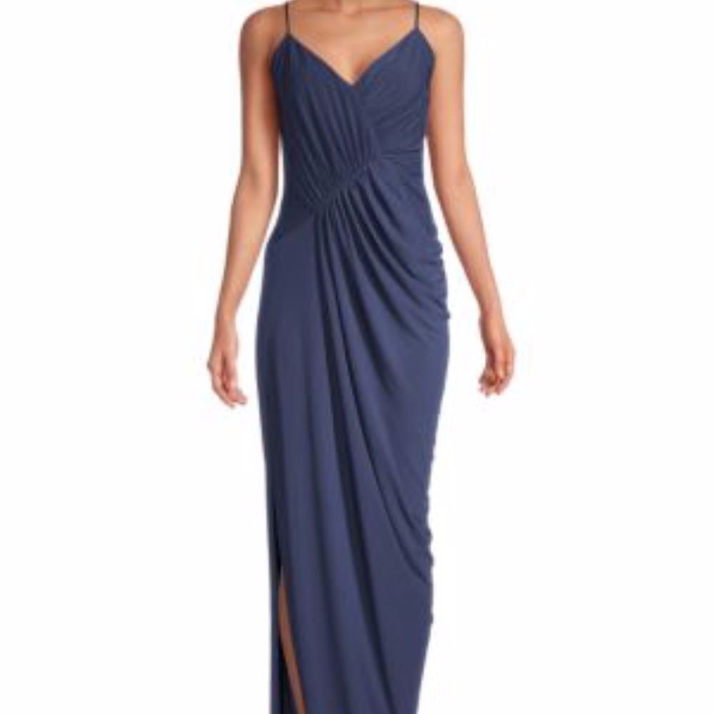 NEW Katie May Making Moves Ruched Navy Blue Side Slit Gown Maxi Dress L